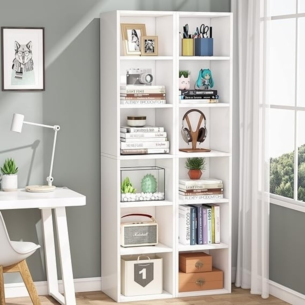 Modern White Tall Narrow Bookcase 70.9" Cube Shelf Storage 6 Tier Mdf Furniture